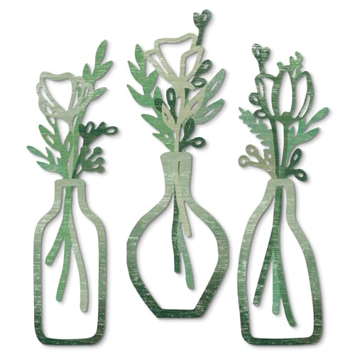 Putuo Decor 3 Pieces Wood Flowers Wall Decor, Rustic Farmhouse Neutral Wall Hanging, MDF Vase Panels Wall Sculptures, Minimalist Flower Wall Art for Living Room Bedroom Entryway, Green - color: Green
