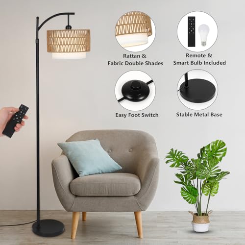 Arc Floor Lamp for Living Room with 3 Color Temperatures, Farmhouse Floor Lamps with Remote & Dimmable Bulb, Boho Standing Lamp with Rattan & Fabric Shades, Adjustable Tall Lamp for Bedroom, Office - style: Rustic