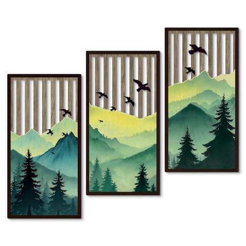 Putuo Decor Forest Mountain Wall Art Set of 3, Nature-Inspired MDF Cut-Out Panels with Bird and Tree Silhouettes, Rustic Wall Decor for Living Room Bedroom Cabin Office - color: Grass Green