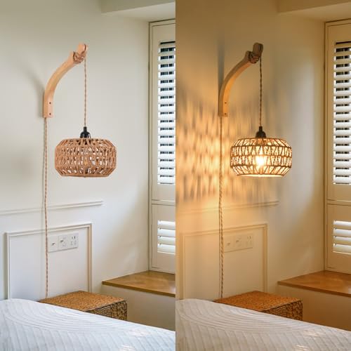 Plug in Wall Sconce,Farmhouse Wicker Wall Lamp Plug in,Hand Woven Rattan Wall Light Farmhouse Rustic Boho Sconces Wall Lighting for Living Room Bedroom - color: Wall Sconces, size: 1 PACK