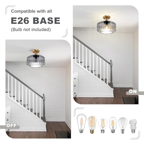 Gray Ribbed Glass Lantern Flush Ceiling Light, Antique Gold Semi-Flush Ceiling Light Fixture, Mid-Century Modern Ceiling Lamp for Foyer, Hallway, Porch, Bedroom - color: Light Gray