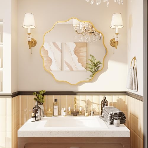 Kelly Miller 28 Inch Gold Round Wavy Mirror, Large Scalloped Edge Decorative Wall Mirror for Bathroom Bedroom Living Room Entryway Vanity Fireplace - size: 28"L x 28"W