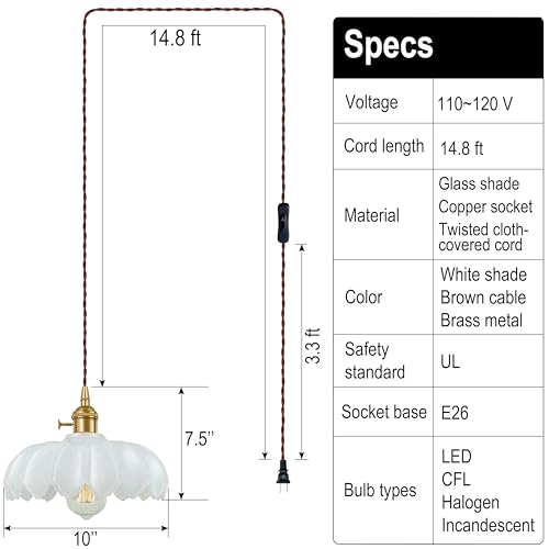 Plug-in Pendant Light Fixture, Hanging Light Fixture, Glass Pendant Light, Swag Lamp with Inline On/Off Switch for Kitchen Island, Bedroom, Dining Room, Living Room (White, 15 Ft Cord) - color: White, size: 15 ft