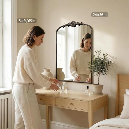 Besdomus Antique Large Arched Mirror: 24"x36" French Arch Black Vintage Wall Vanity Mirror - Decorative Baroque Traditional Ornate for Entryway/Bathroom/Bedroom - Ideal for Bathroom Renovations - color: Black, size: 36"L x 24"W