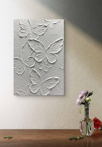 Boiee Art,24x36Inch Hand-Painted Textured Butterfly Vertical Wall Art Abstract Pure White Oil Paintings Modern Contemporary Wall Art Framed Ready to Hang for Home Decorations - color: Pure White, size: 24"L x 36"W