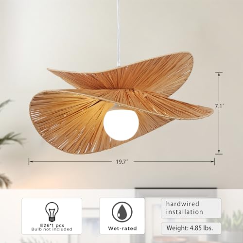 Rustic Woven Pendant Light, 19.7" Coastal Rattan Lampshade Hanging Lighting Fixture, Vintage Farmhouse Chandelier for Kitchen Island, Dining Table Room