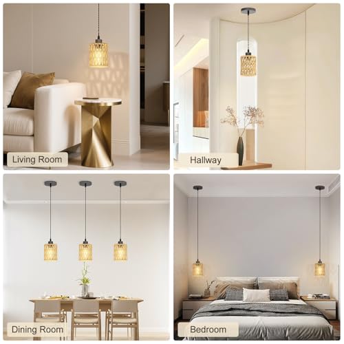 Sytmhoe 3Packs Boho Rustic Hemp Rope Pendant Light Hand-Woven Rattan Cage Basket Coastal Light Fixture Farmhouse Wicker Hanging Lighting for Kitchen Island Dining Room Bedroom