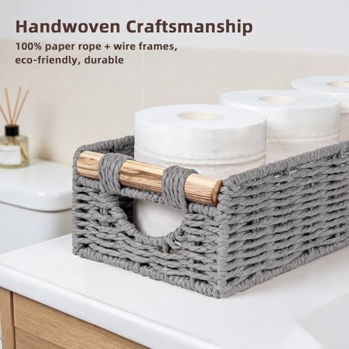 CubesLand Back of Toilet Storage Basket for Organizing w/Cut Out Handle, Handwoven Toilet Tank Top Paper Baskets, Wicker Decorative Basket for Countertop, Home Decor, Living Room, Nursery, Grey - color: Grey, size: M-14.17" (L) X 6.29" (W) X 3.54" (H)