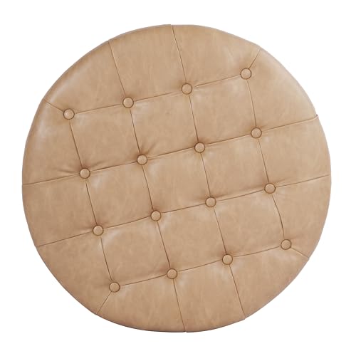 HomePop 28" Button Round Storage Ottoman - Light Camel Faux Leather - color: Light Camel Faux Leather