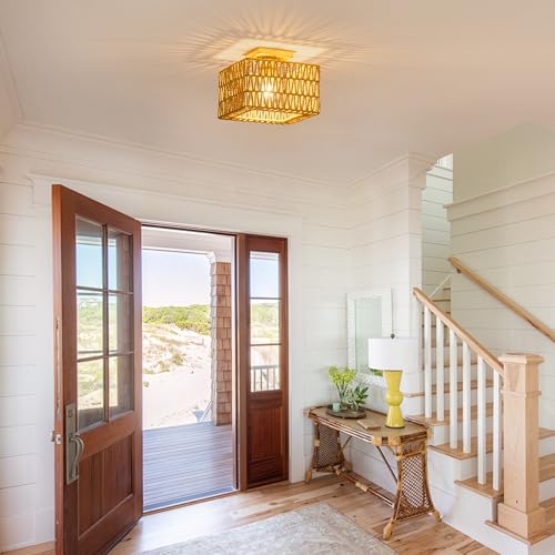 Rpzloila Rattan Ceiling Light, Gold Boho Light Fixture, Square Flush Mount Ceiling Light for Bedroom, Hallway, Entryway, Kitchen, Cabinet - color: Gold, size: 1-Light-Square