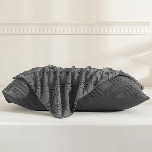 JELLYMONI Pillowcases Standard Size Grey 2 Pack Boho Plaid Bed Pillow Covers 20x26in Polyester Envelope Pillow Shams Tufted Bohemian Textured (Pillows are not Included) - color: 01 - Grey - Grid, size: 26" x 20" (Pack of 2)