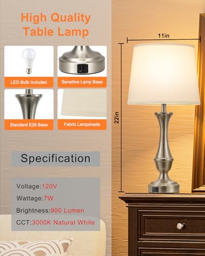 Seealle Upgraded Touch Lamps for Night Stands Set of 2 - Bedside Lamps with USB C+A, 3 Way Dimmable for Bedroom Living Room End Tables Office (White&Nickel) - color: I. White Shade & Nickel Base, size: Medium（22 In）