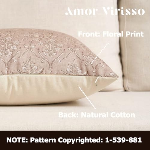 Amor Virisso Floral Pillow Covers 18x18 Inch Farmhouse Block Print Pillow Cover Accent Square Neutral Modern Decorative Throw Pillow Covers for Living Room Couch Bed Sofa Chair, Light Camel - color: Light Camel, size: 18" x 18" (Pack of 1)