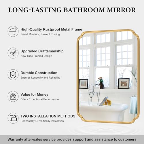 Ferytange 30" x 40"Gold Bathroom Mirror for Over Sink, Modern Rounded Corner Rectangle Wall Mirror for Bathroom Vanity Decorative with Non-Rusting Iron Metal Framed (Horizontal/Vertical) - color: Gold, size: 40"L x 30"W