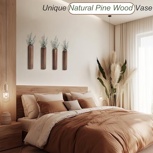 Wood Wall Planter with 20 pcs Artificial Eucalyptus, Modern Decor for Living Room Bedroom Bathroom Entryway, Farmhouse Boho Wall Vases for Dried Flowers and Faux Plants - 4 Pack