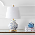 JONATHAN Y 20.5" Blue/White Marbleized Ceramic Table Lamp, Contemporary Traditional Bedside Lamp for Living Room, Gold Accents, White Linen Empire Shade, LED Bulb Included JYL3007A