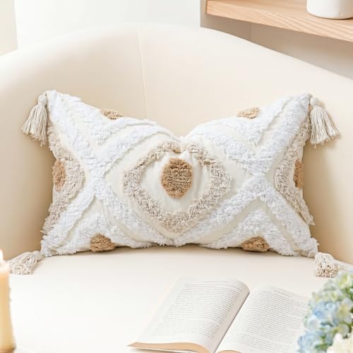 NUYECY Modern Long Lumbar Throw Pillow Cover 14 x 20,Cotton and Linen Tufted Decorative Boho Long Lumbar Pillow Case for Couch Sofa Bed Farmhouse Chair Outdoor,Khaki&Beige&White - size: 20" x 14" (Pack of 1)