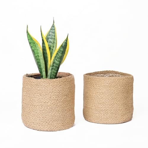 Jute Planter Basket-Woven Jute Rope Covers for Decorating Indoor/Outdoor Succulents, Small Plant Pots-Set of 2-Multi-Purpose Storage Bins 6.5 Inches - Modern Style Décor- Brown - color: Brown- Set of 2, size: 6.5 Inch