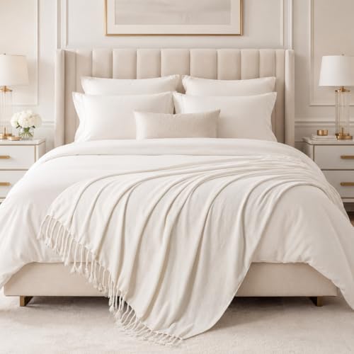 BATTILO HOME Cream White Chenille Throw Blanket for Couch, Soft Cozy Textured Knit Throw Blanket with Handmade Fringe Tassels, Lightweight Decorative Farmhouse Blanket for Sofa Bed Chair, 50"x60" - color: Cream White