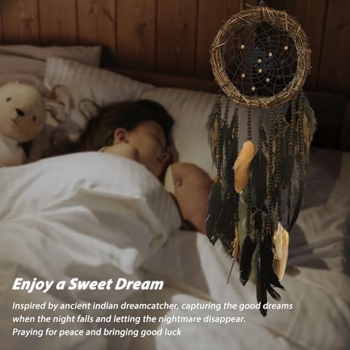 Dream Catcher Native American Boho Dreamcatcher Black Wall Decor, Handmade Rattan Natural Goose Feathers Wall Art Hanging Indian Room Decor for Bedroom Living Room - color: Black