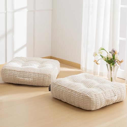 HIGOGOGO 6" Floor Pillow Cushion for Adults, Meditation Cushion Pillow, Blended Corduroy Cover, Large Square Floor Sitting for Tatami Living Room or Yoga, 2Pack, Beige - color: Square Beige, size: 6" Thick(Pack of 2)
