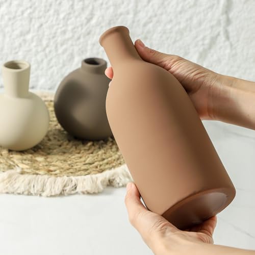 Vase Set of 3 | Ceramic Neutral Vases Home Decor | Rustic Flower Pottery Vases Modern Farmhouse Vase for Table Entryway Mantel Centerpiece Bookshelf Living Room Bathroom Bedroom -Brown Large - color: 001-brown-larger