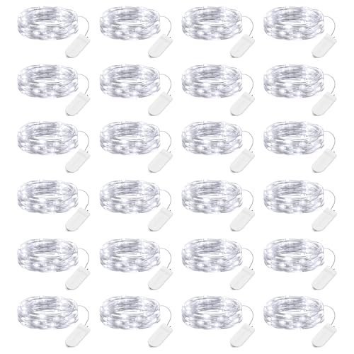 Brightown 24 Pack LED Fairy Lights Battery Operated 7 ft 20 LED String Light Waterproof Silver Wire Firefly Starry Lights for Crafts Wedding Party Bedroom (White) - color: White, size: 24 Pack