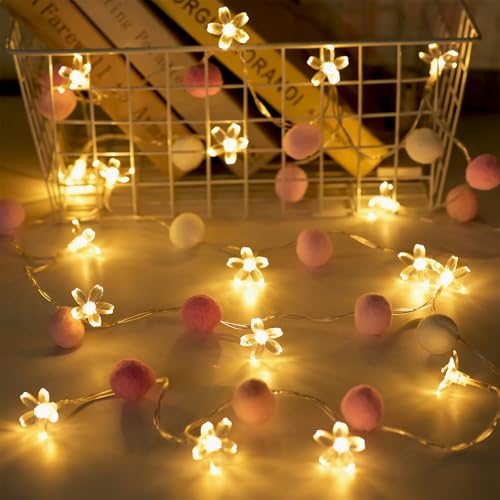 9.85Ft Fairy Lights 20 Cute Pink Pompoms 20 LEDs Cherry Blossom String Garland Battey Operated with Timer Flower Lights for Bedroom Kids Room Party Birthday Wedding Valentines Decoration - style: Pink-Cherry Blossom