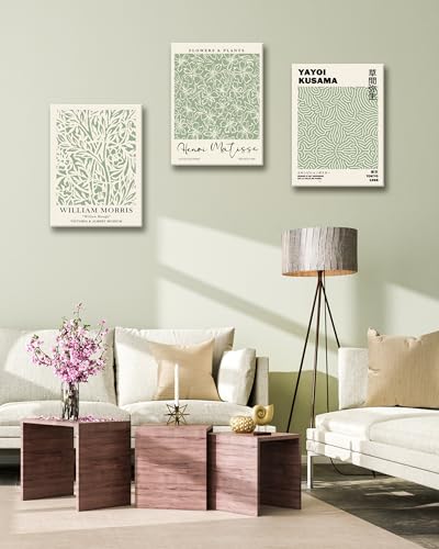 HesenDot Green Botanical Framed Wall Art Set, 12x16in Matisse William Morris Canvas Prints,Minimalist Classic Plants Home Decor for Living Room Bedroom Bathroom Office, Set of 3 - color: Green Wall Art-Framed, size: 16"L x 12"W