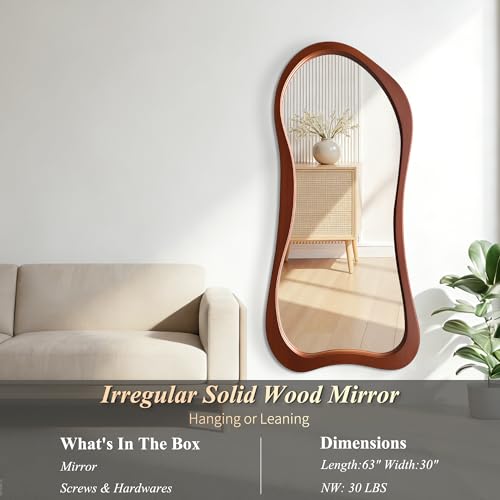 Large Irregular Mirror, 63"x30" Organic Floor Mirror with Solid Wood Frame, Asymmetrical Aesthetic Mirrors for Entryway Hallway Bedroom Cloakroom Living Room, Leaning/Wall-Mounted - color: Walnut Wood Frame, size: 63"L x 30"W
