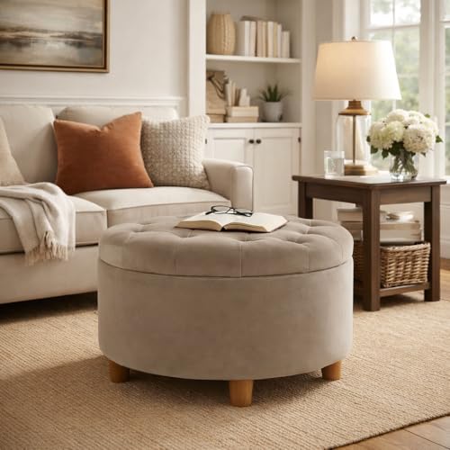 HomePop 28" Button Tufted Velvet Round Storage Ottoman - Fawn Velvet - color: Fawn Velvet