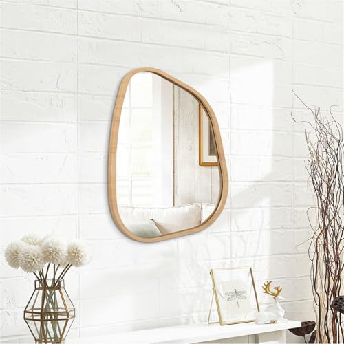 Irregular Bathroom Mirror Modern Wall Mirror Asymmetrical Wooden Framed Wall Mirror Unique Shape Wall Mounted Vanity Artistic Mirror Decor for Living Room Bedroom Entryway Small 16"x12" - color: Natural, size: 16"L x 12"W