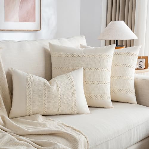 Fancy Homi Set of 1 Boho Cream Decorative Throw Pillow Cover 16x16 Inch for Couch Bed Sofa, Aesthetic Modern Organic Farmhouse Home Decor, Soft Cotton Cute Accent Macrame Woven Cushion Case - color: Cream, size: 16" x 16" (Pack of 1)