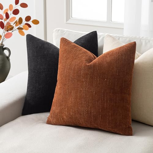 Textured Throw Pillow Covers Decorative Soft Accent Chenille Pillows Neutral Farmhouse Cushions Modern Home Decor for Couch Sofa Bedroom Living Room 18x18 Inch Set of 2,Brown Rust - color: Brown, size: 18" x 18" (Pack of 2)