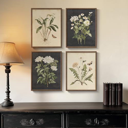 Framed Vintage Botanical Wall Art Bedroom, 4 Piece Rustic Farmhouse Floral Canvas Prints Artwork, Neutral Flower Butterfly Pictures for Modern Farmhouse Living Room Kitchen Bathroom Wall Decor, 11x14 - color: Vintage - Walnut Framed, size: 11" W x 14" H x