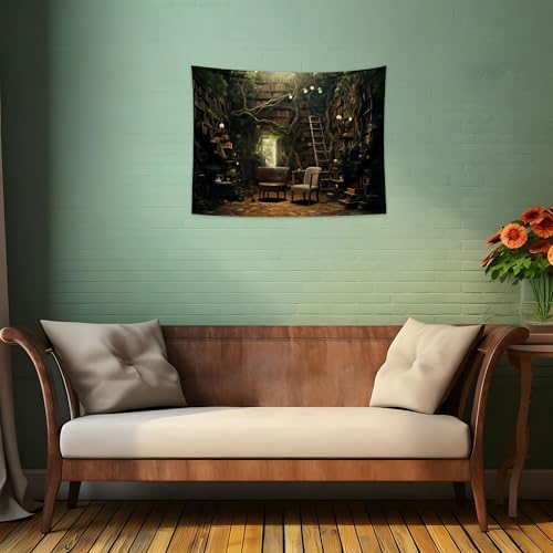 QGHOT Study Room Tapestry, Vintage Bookshelf Tapestry Wall Hanging Horizontal Large Library Witchy Bedroom Living Room Home Decor 37.4" x 28.7" - color: F, size: 28.7"L x 37.4"W