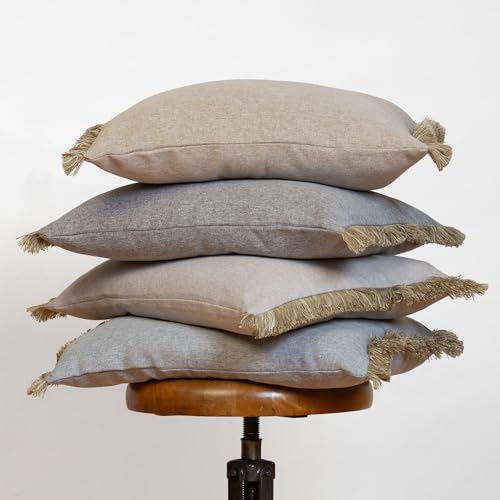 Decorative Throw Pillow Covers, Set of 4, 16x20 Inch Lumbar Beige Fringed Linen Accent Pillow Covers, Light Grey - color: Light Gray