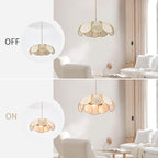 3-Light Hanging Lights with Plug in Cord, 14.3FT Stepless Brightness Flower Shaped Hanging Lamp with On/Off/Dimmable Switch, Boho Handwoven Chandelier Rattan Pendant Light for Bedroom Nursery (Cream）