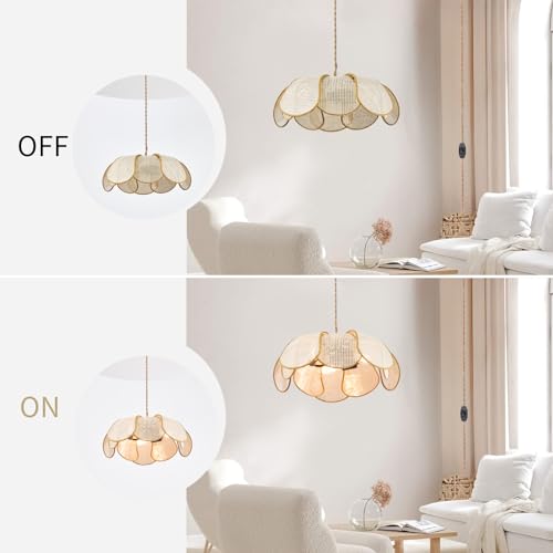 3-Light Hanging Lights with Plug in Cord, 14.3FT Stepless Brightness Flower Shaped Hanging Lamp with On/Off/Dimmable Switch, Boho Handwoven Chandelier Rattan Pendant Light for Bedroom Nursery (Cream）
