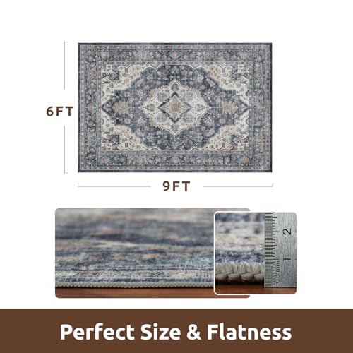 AMOAMI-Area Rug 6X9 Rugs for Living Room-Vintage Soft Blue Rugs for Bedroom-Non Slip Carpet-Machine Washable Rug for Dining Room Living Room Bedroom Office Under Table - color: Blue, size: 6' x 9' (Rectangular)