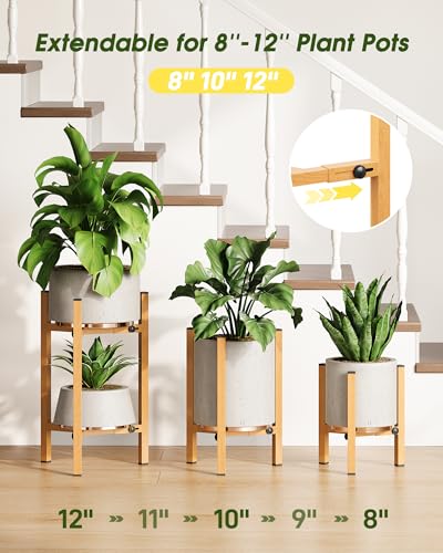3 Pack Plant Stand Indoor Adjustable, Metal Modern Indoor Plant Stand, Heavy Duty Single Plant Stands Outdoor Corner, Stable Plant Holder Indoor Stand, Fits 8 to 12 Inches Pots, Natural Wood-Grain - color: Natural Wood-Grain, size: 3 Pack