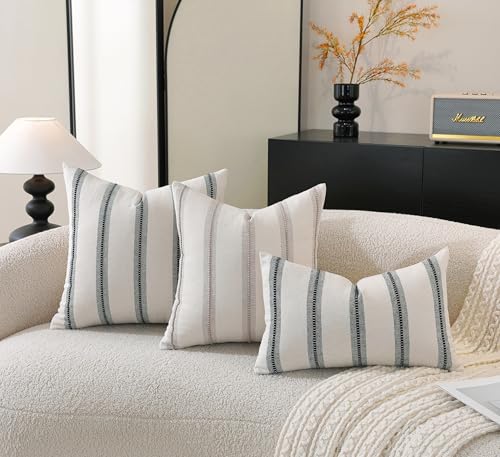 Cethom Boho Throw Pillow Covers 12x20 Set of 2, Beige and Black Striped Decorative Pillow Cases for Couch Chair Bed, Textured Farmhouse Accent Cushion Covers for Living Room Bedroom Sofa Home Decor - color: Black, size: 20" x 12" (Pack of 2)