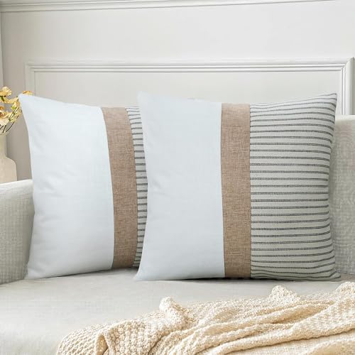 JASEN Farmhouse Pillow Covers 20x20, Modern Accent Square Throw Pillow Covers Set of 2, Grey and Beige Striped Patchwork Decorative Pillow Case for Sofa Couch Chair Bedroom - color: Grey, size: 20" x 20" (Pack of 2)