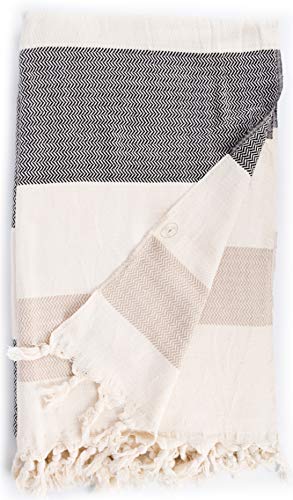 Bersuse 100% Cotton Aspendos XL Throw Blanket for Couch - 100% Cotton Lightweight Durable Throw Blanket, Big Blanket for Sensitive Skin, Decorative and Versatile - 60x90 Inches, Black-Beige - color: Black/Beige