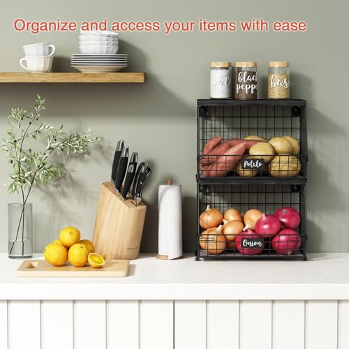 Goozii Black Kitchen Wall Hanging Storage Basket Set of 2, Rustic Stackable Kitchen Counter Fruit Organizer, Wire Baskets Container for Veggie, Garlic, Produce, Onion and Potato (Black Shelf) - color: Black + Black Wood