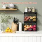 Goozii Black Kitchen Wall Hanging Storage Basket Set of 2, Rustic Stackable Kitchen Counter Fruit Organizer, Wire Baskets Container for Veggie, Garlic, Produce, Onion and Potato (Black Shelf) - color: Black + Black Wood