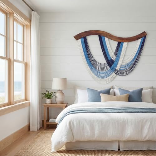 Mindsoft Navy Blue Macrame Wall Hanging Dip Dyed Yarn Wall Art, Boho Decor Handmade Cotton Rope Tapestry for Bedroom, Living Room, Nursery, 31.5 x 23.6 Inch - color: Navy Blue