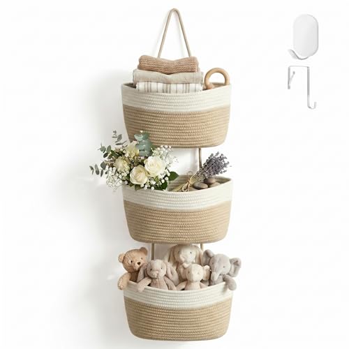 3-Tier Woven Cotton Rope Hanging Basket, Over the Door Organizer, Adjustable Detachable Wall Basket with Metal & Adhesive Hooks, No Drilling for Living Room, Nursery and Boho Bedroom Decor - style: White&Jute