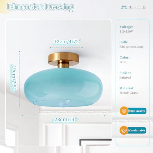 Blue Close to Ceiling Light Fixture Vintage Flush Mount Ceiling Lights 11" Round Thickened Glass Shade Gold Mid Century Semi Flush Mount Light Hallway Entrance Lighting Fixtures - color: Flush-Blue