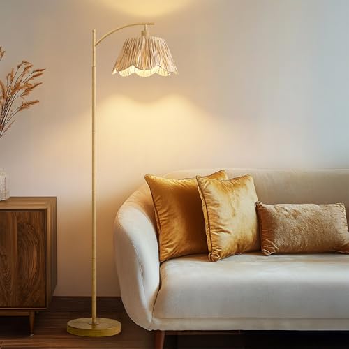Oneach Boho Floor Lamp for Living Room, Farmhouse Standing Lamp with Foot Switch, Corner Reading Lamps for Bedroom with Hand-Woven Shade, Light Woodgrain Metal Base & Pole - color: Light Wood